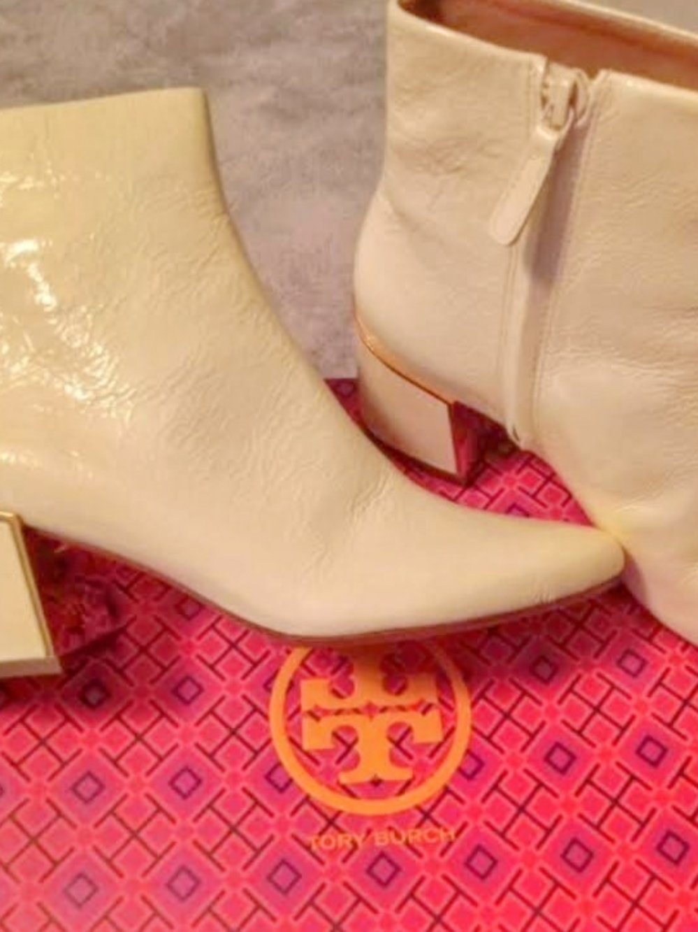 Tory Burch Ivory Pointed Leather Ankle Booties with Metallic Block Heel